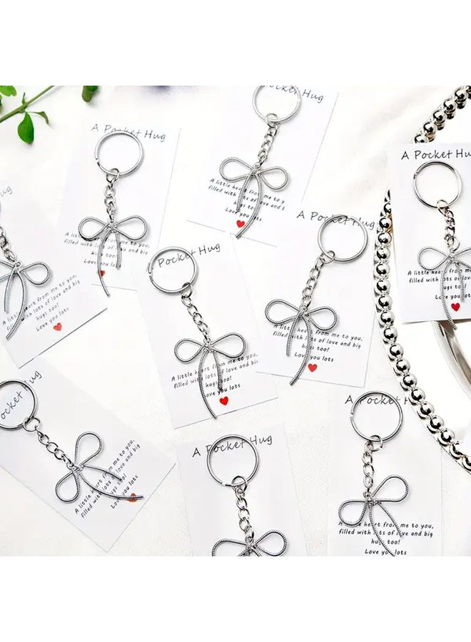 10 Sets Silvery Bow Keychain Gift Set With Hug Cards For Women Friends Sisters - Image 5
